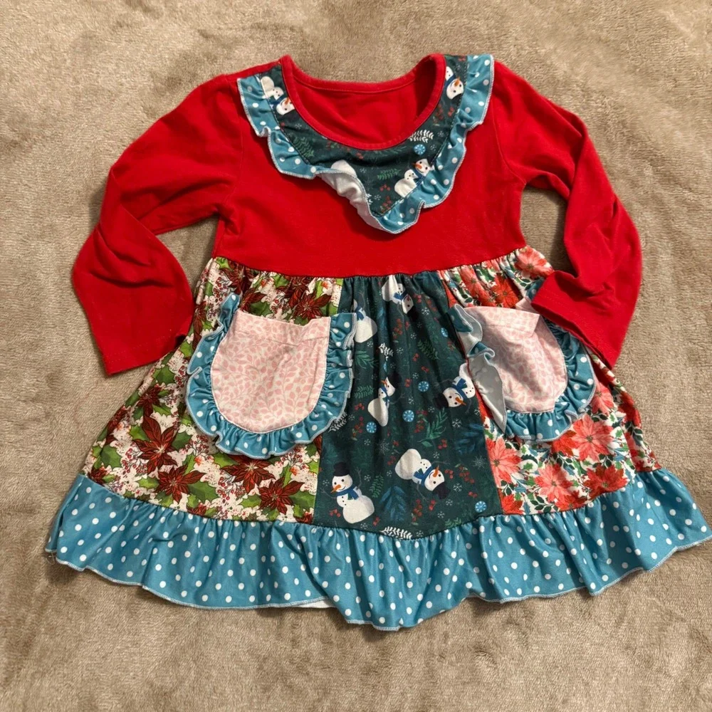 Kids Christmas Patchwork Tunic & Bell Bottom Pants Set Snowman Poinsettia 4T